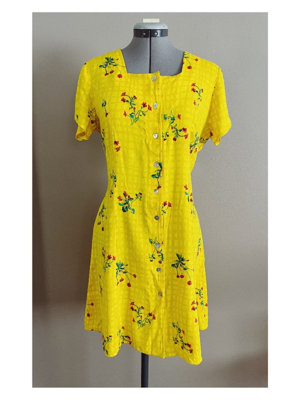 VTG Impressions Workshop Sz M Floral Yellow Gingham Tie Back Mini Dress